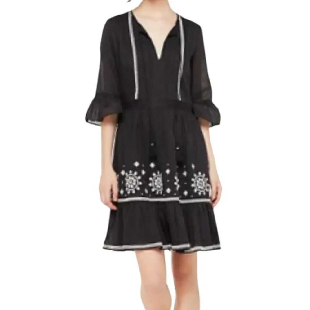 Kate Spade Black & White Mosaic Embroidered Dress 3/4 Sleeves Tassel Tie 0